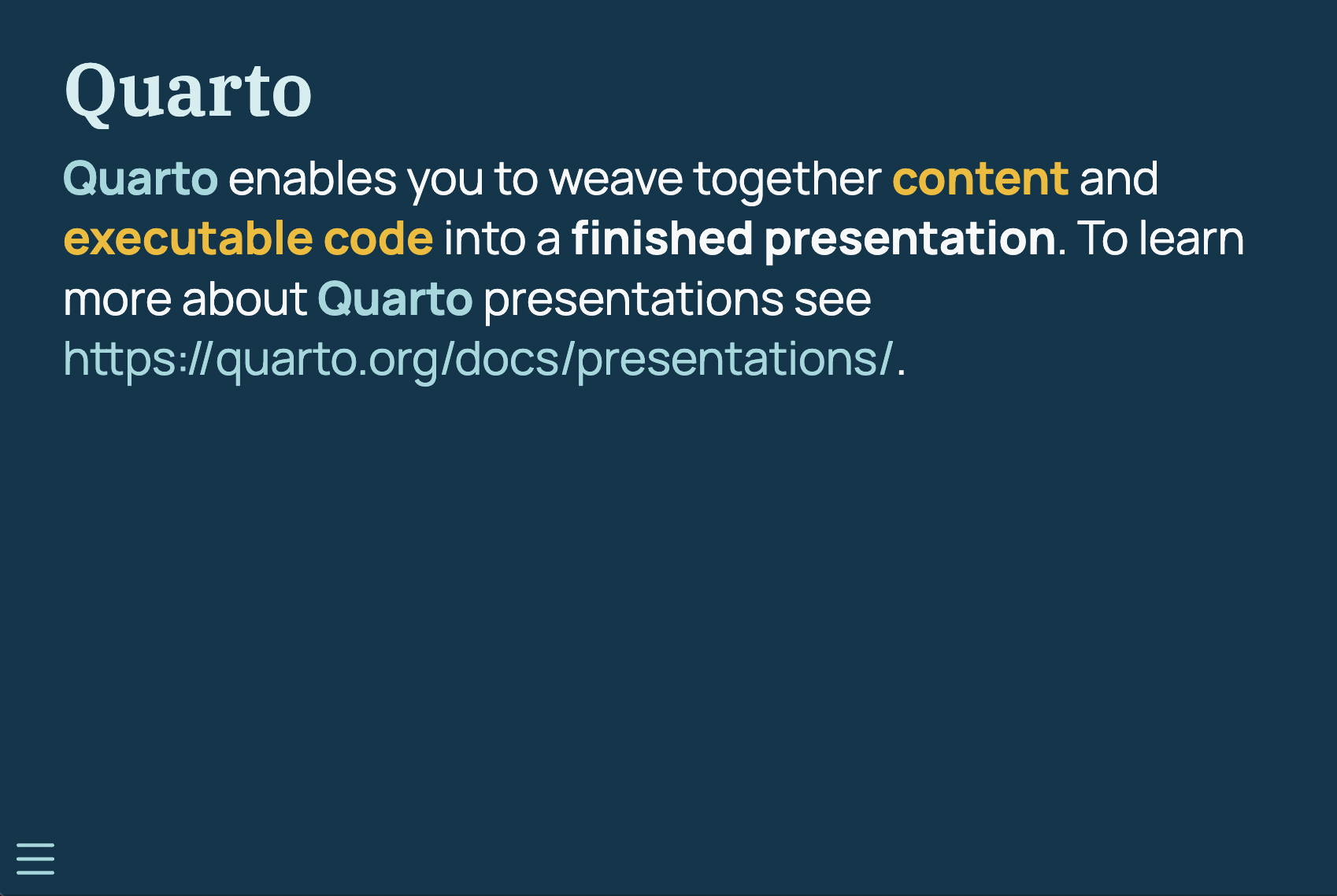 Screenshot of Quarto presentation with specific text highlighted yellow/blue.